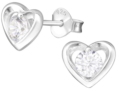 Joy|S - Zilveren hartje oorbellen - met zirkonia - 8 x 7 mm - oorknoppen