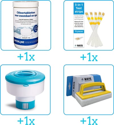 Zwembad Onderhoudspakket - Onderhoud Zwembad - bevat Chloor - Testrips - Chloordrijver en Scrubborstel (4-delig)