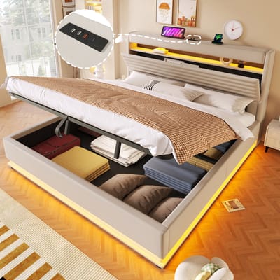 Gestoffeerd bed 180x200 cm - met USB Type-C oplaadfunctie - met LED-verlichting - opklapbare opbergruimte - zonder matras - beige