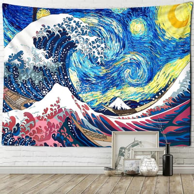 Tapisserie murale à l'huile représentant une vague japonaise, style bohème, psychédélique, décoration d'intérieur 95x70cm