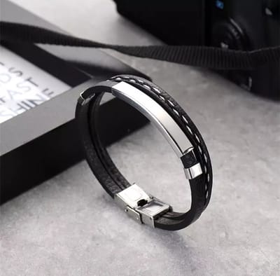 Leerella Armband Heren - Zwart Zilver - Mannen - Armbandje 20.5 cm - Leer RVS - Cadeau voor Man - Vaderdag - Geschenk - Valentijnsdag - Verjaardag - Cadeautjes -