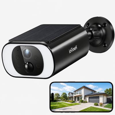 ieGeek 5 MP HD-bewakingscamera voor buiten met accu en zonnepaneel, IP-camera voor buiten op zonne-energie met schijnwerper, PIR-bewegingsdetectie, 2,4 GHz wifi
