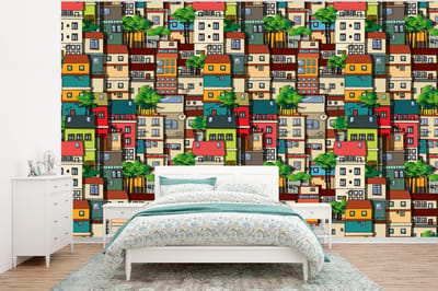 Behang - Fotobehang Patronen - Huis - Boom - Jongens - Kinderen - Kids - Breedte 320 cm x hoogte 240 cm