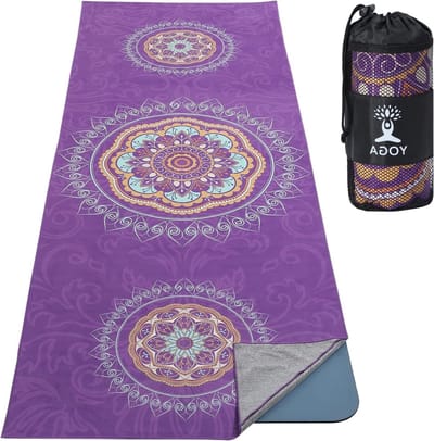 Yoga Handdoek, Antislip en Sneldrogend, Inclusief Bevestigingshoeken, Zachte Yoga Deken met Mandala Print voor Diverse Yoga Oefeningen, Paars