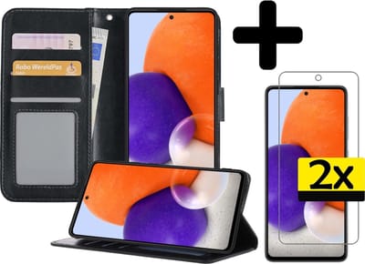 Hoesje - Met 2x Screenprotector - Geschikt voor Samsung Galaxy A72 5G - Luxe Pasjeshouder - Bookcase Portemonee - Flip Case - Kunstleer Book Case - Flipcase Hoes - Book Cover - Walletcase - Portemonneehoes - Telefoonhoesjes - Zwart
