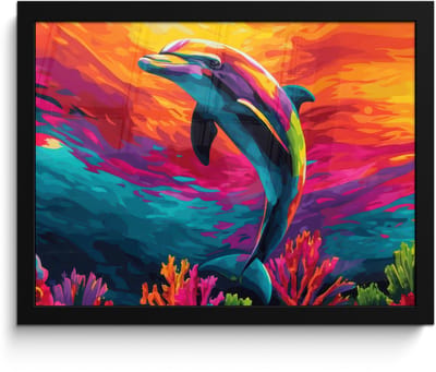 Poster in lijst - Fotolijst 40x30 cm - Posters - Dolfijn - Kleurrijk - Oceaan - Koraal - Posterlijst zwart - Decoratie - Wanddecoratie woonkamer - Muurdecoratie slaapkamer
