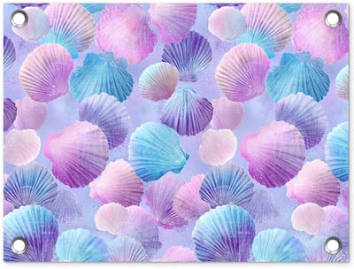 Tuinposter 40x30 cm - Tuindecoratie Schelpen - Paars - Blauw - Patroon - Poster voor in de tuin - Buiten decoratie - Schutting tuinschilderij - Tuindoek muurdecoratie - Wanddecoratie balkondoek