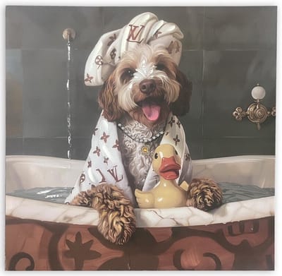 Schilderij hond in bad 60cm