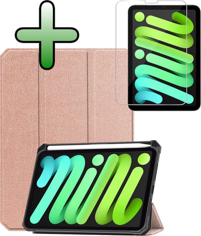Hoesje Geschikt voor Apple iPad Mini 7 (2024) - 8.3 inch - 7e Generatie - Met Screenprotector - Trifold Bookcase - Hard Cover Case - Met Uitsparing Geschikt voor Apple Pencil - Hardcover Book - Tablet Hoes - Rosé goud
