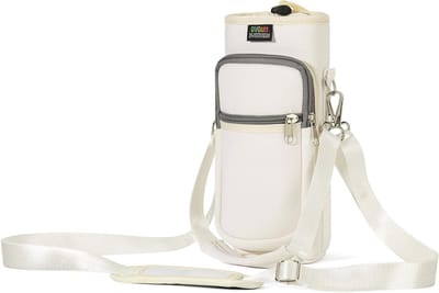Flessentas 65 ml met verstelbare schouderriem en 2 zakken, neopreen mouwen voor sport en reizen, crèmewit