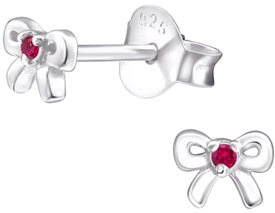 Joy|S - Zilveren strikje oorbellen - 5 x 3.5 mm - massief sterling zilver 925 - zirkonia robijn roze - geboorte steen juli - oorknopjes - kinderoorbellen
