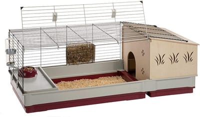 TIM® Konijnenhok Binnen - Konijnenhok - Konijnenren - Konijnenkooi – Dierenhuis – Konijnen Kooi – Dierenverblijf - Caviakooi – Knaagdierkooi - Grijs/Rood - 142cm x 60cm x 50cm