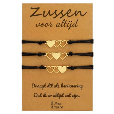 Vriendschapsarmbandjes voor 3 "Zussen voor altijd" - Hartjes - Sisters Armbandjes met Cadeau Kaartje - Goudkleurig - Elastisch Verstelbaar - Pax Amare