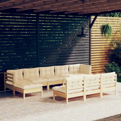 vidaXL - 10-delige - Loungeset - met - crèmekleurige - kussens - grenenhout