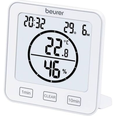 Beurer HM 22 Digitale Hygrometer – Thermometer voor binnen – Luchtvochtigheidsmeter – Datum & Klok - Keukenwekker – Timerfunctie – 3 Jaar garantie - Wit