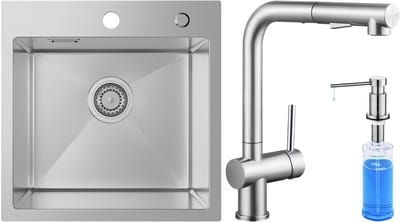 SOFETIY MAX spoelbakken 45x45cm - Spoelbak Keuken Met Keukenkraan met Uittrekbare Uitloop en Zeepdispenser 300ML - 1 Bak, Keukenwasbak voor Inbouw- of Bovenmontage
