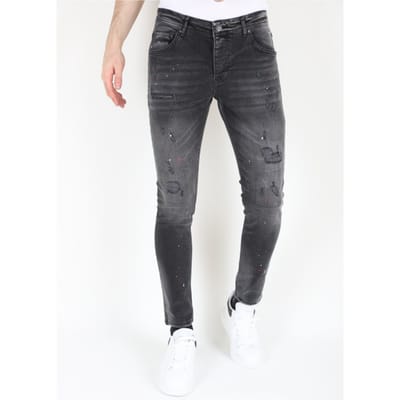 Jeans Heren - Spijkerbroek Heren Volwassenen - Stretch Jeans Heren - Heren Jeans Slim Fit - Ripped Biker Jeans met Verfspatten -MM107- Zwart