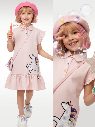 Denokids CFF-26Y1-027 Roze Meisjes Jurk Unicornprint Katoen 104