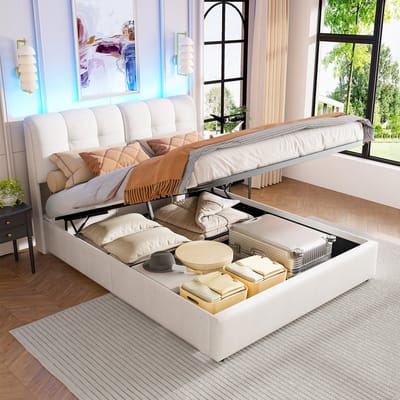 Hydraulisch Tweepersoonsbed 140x200cm, 7-kleuren LED, Blokken Hoofdeinde, Lattenbodem, beige