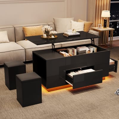 DESMIU Salontafel - Verstelbaar Met LED En Verborgen Opbergruimte - Voor Woonkamer En Werkplek - Spaanplaat - Zwart - 100x50x45 Cm