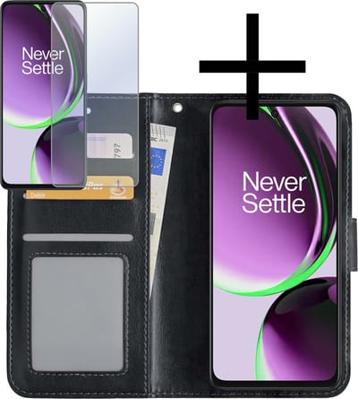 Hoesje - Met Screenprotector - Geschikt voor OnePlus Nord CE 3 Lite - Luxe Pasjeshouder - Bookcase Portemonee - Flip Case - Kunstleer Book Case - Flipcase - Book Cover - Walletcase - Portemonneehoes - Zwart