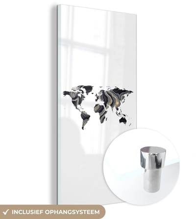 ® Glasschilderij 60x120 cm - Schilderij acrylglas - Wereldkaart - Goud - Lijn - Foto op glas - Muurdecoratie woonkamer - Wanddecoratie slaapkamer - Schilderijen