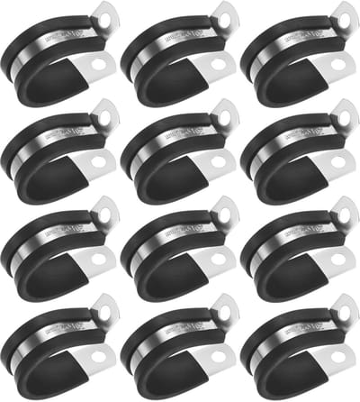 METERXITY 12-pack kabelklemmen, 1 inch/25 mm 304 roestvrij staal rubber gewatteerde geïsoleerde kabelklem R-vorm metalen houder voor buis/draad/pijp/lus installatie