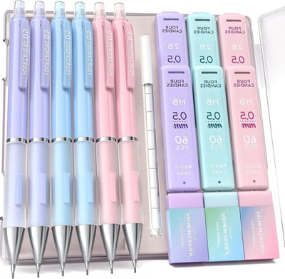 Set van 6 Mechanische Potloden 0.5mm met 360 HB/2B Vulpotloden, 3 Pastel Gum en 9 Gum Navullingen voor Schoolbenodigdheden
