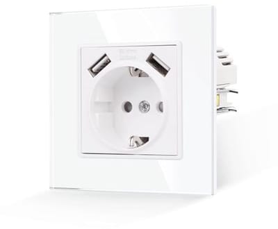 Enkel stopcontact met USB-aansluitingen en geharde glasplaat - 16A, 250V, Schuko, Geaard