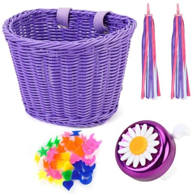 SnelShoppen - Kinderfiets Accessoire Set - Fietmand, Fietsbel, Handvat Streamers en Spaken Kralen - Meisjes Fietsdecoratie - Roze en Paars - Perfect v