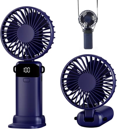 Ventilator - Handventilator - Mini ventilator - Handventilator oplaadbaar - Draagbare handventilator - Met USB-oplaadbare - 5 snelheden - Op batterijen werkende - Met LED-display en voet - Voor thuis - Kantoor - School - Reizen en buiten - Blauw
