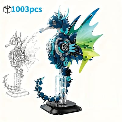 MOC Mechanisch Zeepaardje Bouwstenen DIY Oceaan Dier Model Bouwpakket Creatieve Assemblage Stenen voor Verjaardag Halloween Kerstcadeaus blue
