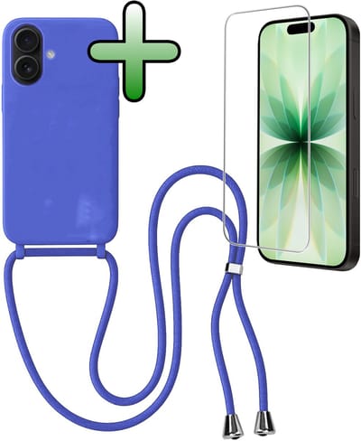Hoes Geschikt voor iPhone 17 Hoesje Met Koord Met Screenprotector - Telefoonhoesje Geschikt voor iPhone 17 Backcover Met Afneembaar Koord - Felblauw