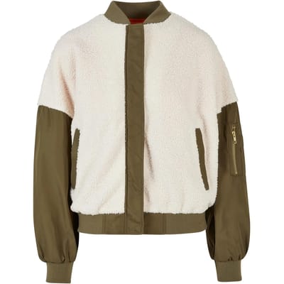 Urban Classics - Oversized Sherpa Mixed Bomber jacket - XXL - Ivoorkleurig/Groen