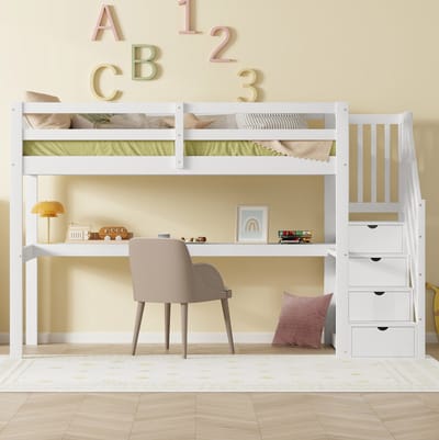 MEUNIQ Hoogslaper 90 x 200 cm met bureau en opbergruimte, met trap en uitvalbeveiliging, kinderbed voor slaapkamer of kinderkamer, wit