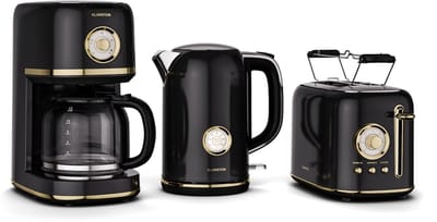 Klarstein Victoria ontbijtset – broodrooster voor 2 sneetjes met 7 bruiningsstanden, waterkoker van 1,7 liter, filterkoffiezetapparaat voor 12 kopjes, roestvrij staal, retro design, broodjeshouder, warmhoudfunctie, roomkan