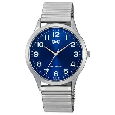 Q&Q-herenhorloge-rekbare band-rekband-blauwe wijzerplaat-duidelijke wijzerplaat-diameter 40 mm-3 atm waterdicht-inkortbaar