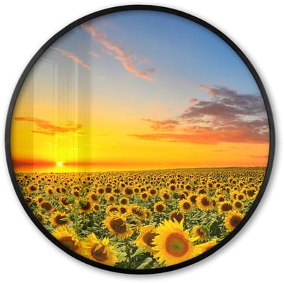 Poster in lijst Rond - Fotolijst 60x60 cm - Posters - Bloemen - Zonnebloem - Zonsondergang - Nacht - Oranje - Ronde posterlijst zwart - Decoratie - Wanddecoratie woonkamer - Muurdecoratie slaapkamer