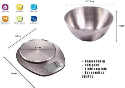 RONN® Keukenweegschaal Digitaal Met Kom - Keukenweegschaal - Keukenweegschaal Digitaal - Zilver - 20cm x 18cm x 4cm