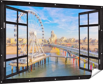 Gards Tuinposter Doorkijk Scheveningen Pier met de Ferris Wheel - Reuzenrad - 180x120 cm - Tuindoek - Tuindecoratie - Wanddecoratie buiten - Tuinschilderij