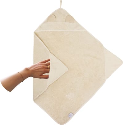Aanbieding! - Nifty 2-in-1 Badcape - Speciale badstof baby handdoek met hydrofiele hoeken - Handig bij het drogen van de huidplooitjes - Origineel kraamcadeau - 75x75 - Sand