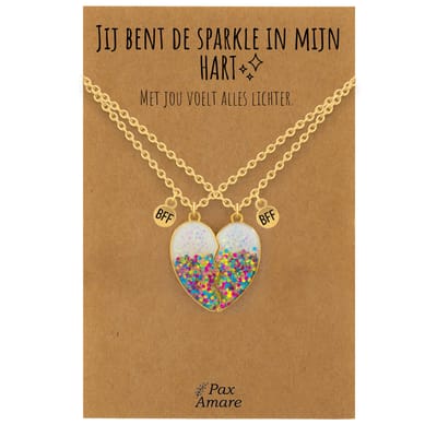 BFF Ketting voor 2 'Jij bent de sparkle in mijn hart' - Magnetisch Glitter Hartje - Vriendschapsketting op Cadeau Kaartje - 45cm + 5cm verstelbaar - Goudkleurig - Best Friends Hanger - Pax Amare