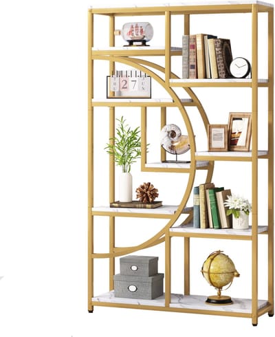 Boekenkast Velano - 8 Lagen - Stijlvol Boekenrek Metaal - Marmerlook en Goud - Voor Woonkamer