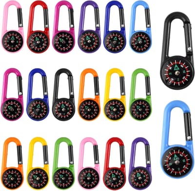 Mini Kompas met Karabiner - 20 Stuks Sleutelhanger Kompas, Multicolor 2-in-1 Mini Kompas voor Buiten, Reizen, Wandelen en Kamperen