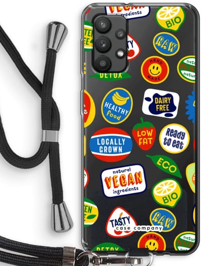 Case Company® - Hoesje met koord geschikt voor Samsung Galaxy A32 4G hoesje met Koord - Fruitsticker - Telefoonhoesje met Zwart Koord - Bescherming aan alle Kanten en Over de Schermrand