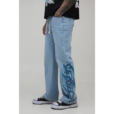 Lange Jeans Met Touwriem, Versierde Print En Uitlopende Pijpen | Light Blue | Size 30