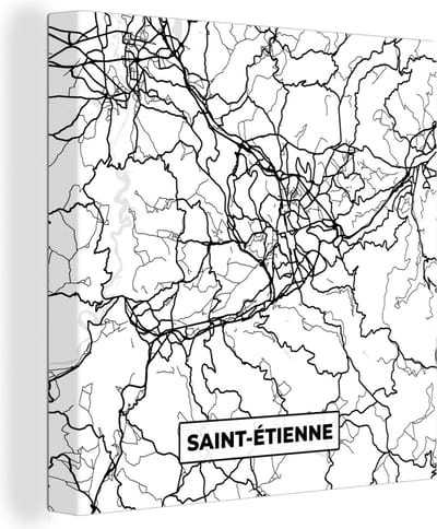 Canvas Schilderij Saint-Étienne - Frankrijk - Kaart - Plattegrond - Stadskaart - Zwart wit - 20x20 cm - Wanddecoratie