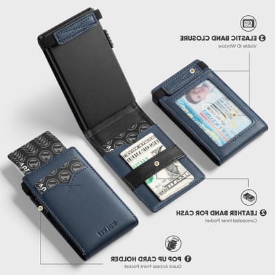 Slimme RFID-blokkerende creditcardhouder met pop-up functie, minimalistisch ontwerp en ruimte voor 8 kaarten en ID