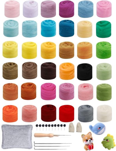 36 kleuren, 108 g, sprookjeswol, viltwol voor nat vilten en droog vilten, met viltonderlegger, viltnaalden, poppenogen, wol om te vilten, set om te knutselen voor beginners