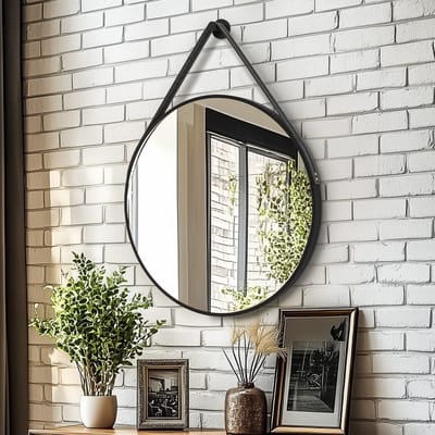Artloge Ronde zwarte Spiegel - 70cm Wandspiegel met Leren Hangriem - Aluminium Frame - Badkamerspiegel, Vanity Spiegel voor Hal, Slaapkamer, Woonkamer